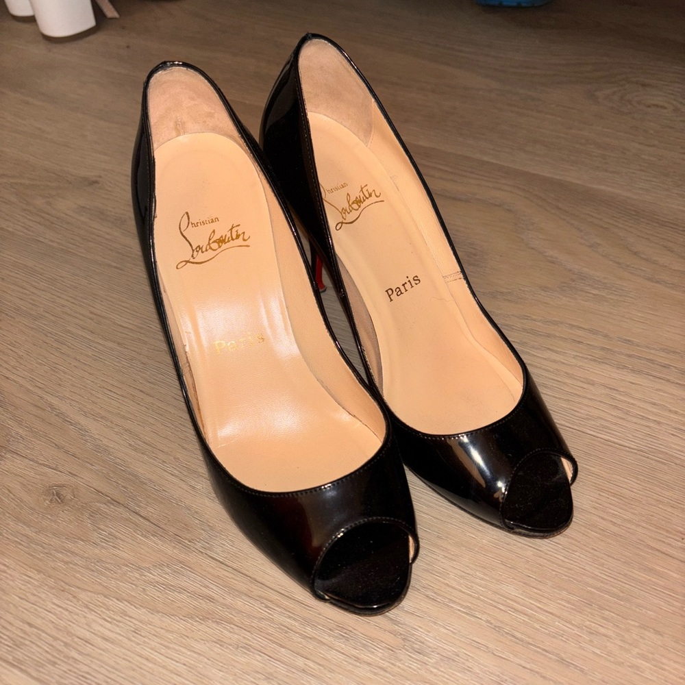 Christian Louboutin Glossy Black Peep Toe Leather Pumps